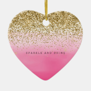 Girly Pink Watercolor Ombre Gold Glitzy Glitter Ceramic Tree Decoration
