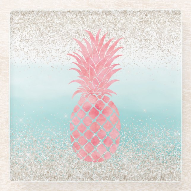 Girly Pink Watercolor Tropical Pineapple Glass Coaster (Front)