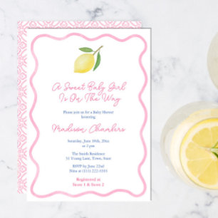 Girly Pink Wavy Line Lemon Sweet Baby Girl Shower Invitation