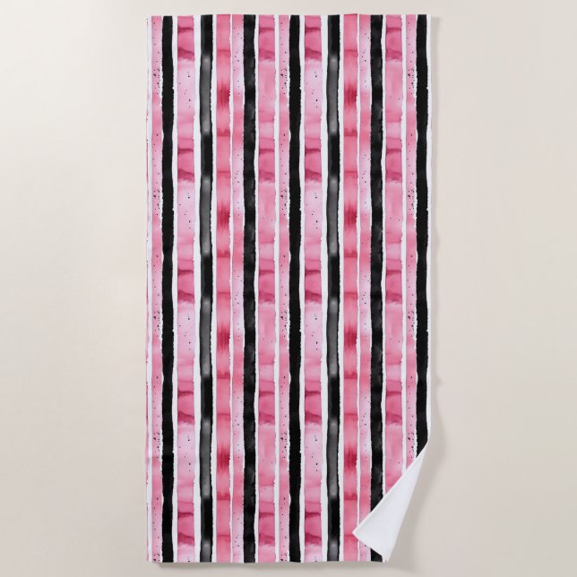 Girly Pink White Black Stripes Beach Towel (Front)
