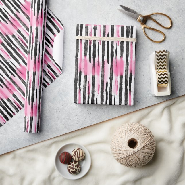 Girly Pink White Black Stripes Birthday Wrapping Paper (Crafts)