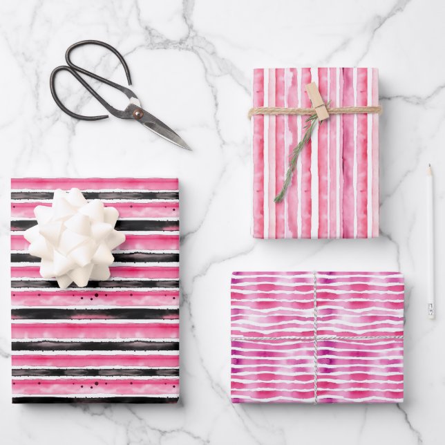 Girly Pink White Black Stripes Birthday Wrapping Paper Sheet (Front)