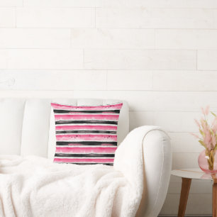 Girly Pink White Black Stripes Cushion