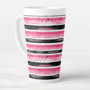 Girly Pink White Black Stripes Latte Mug