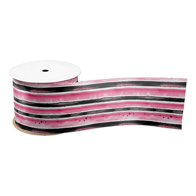 Girly Pink White Black Stripes Satin Ribbon (Spool)