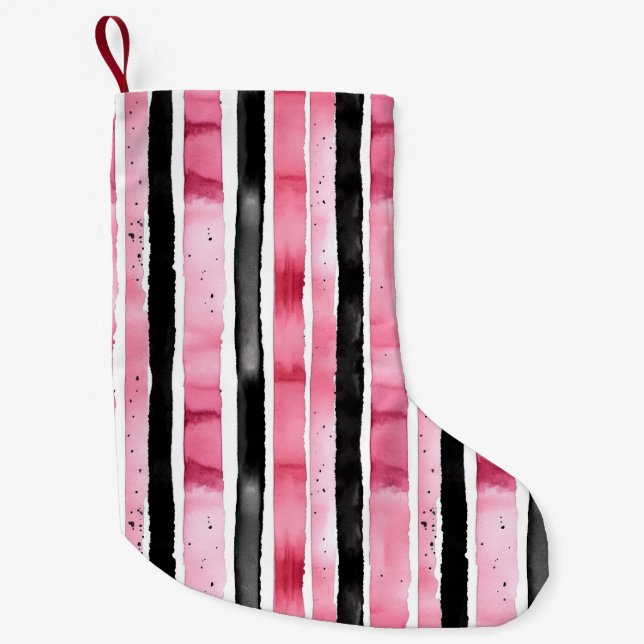 Girly Pink White Black Stripes Small Christmas Stocking (Front)