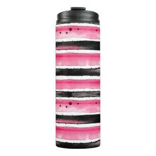 Girly Pink White Black Stripes Thermal Tumbler
