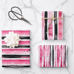 Girly Pink White Black Stripes Wrapping Paper Sheet