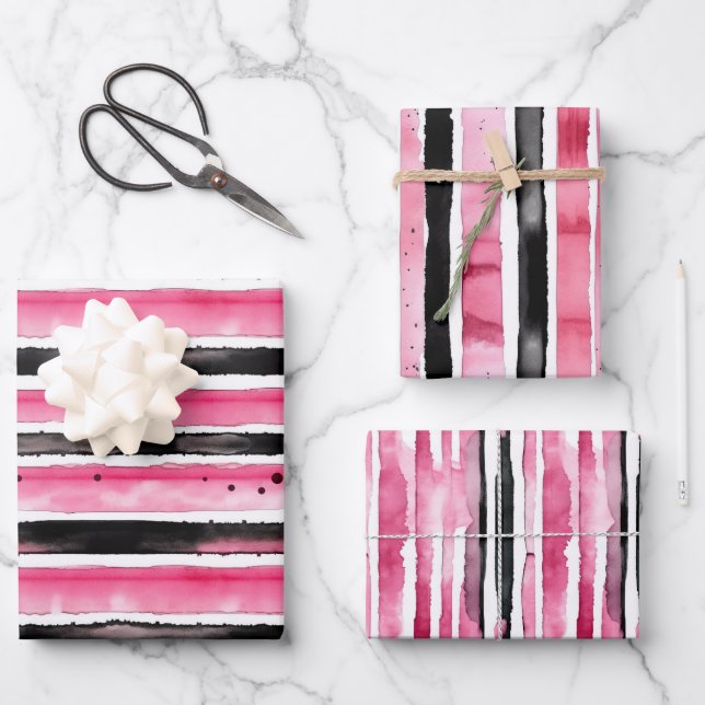 Girly Pink White Black Stripes Wrapping Paper Sheet (Front)