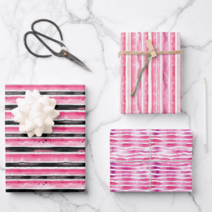 Girly Pink White Black Stripes Wrapping Paper Sheet