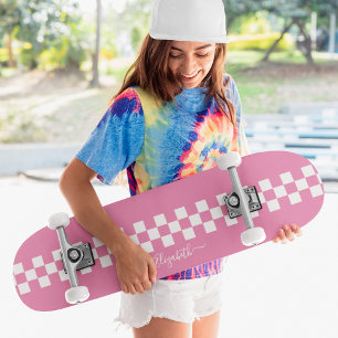 Girly Pink White Chequered Racing Flag Monogram Skateboard