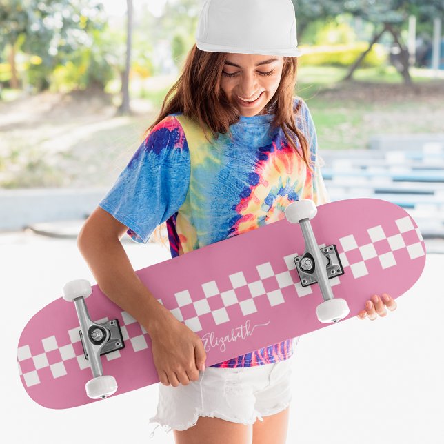 Girly Pink White Chequered Racing Flag Monogram Skateboard (Girly Pink White Checkered Racing Flag Monogram Skateboard)