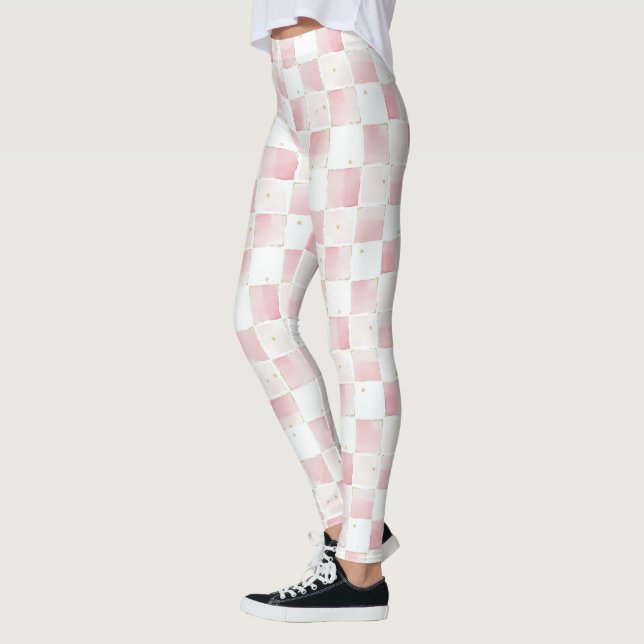 Girly Pink White Chic Squares Leggings (Left)