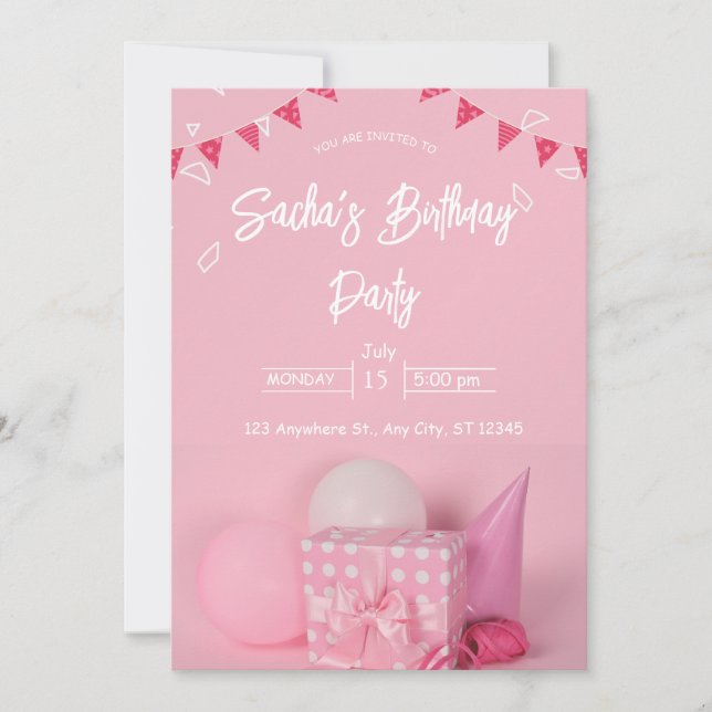 girly pink white cute giltter birthday invitation (Front)