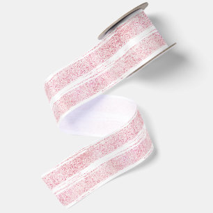 Girly Pink White Faux Glitter Stripes Satin Ribbon