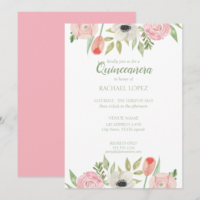 Girly Pink & White Floral Quinceanera Birthday Invitation (Front/Back)