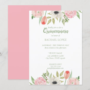 Girly Pink & White Floral Quinceanera Birthday Invitation