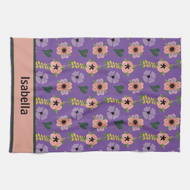 Girly Pink White Flowers Botanical Pattern Name  Tea Towel (Horizontal)