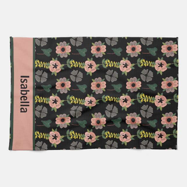 Girly Pink White Flowers Botanical Pattern Name  Tea Towel (Horizontal)