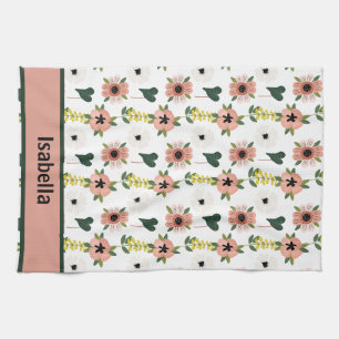 Girly Pink White Flowers Botanical Pattern Name  Tea Towel