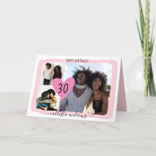 Girly Pink White Four Photo Collage Happy Birthday Holiday Card