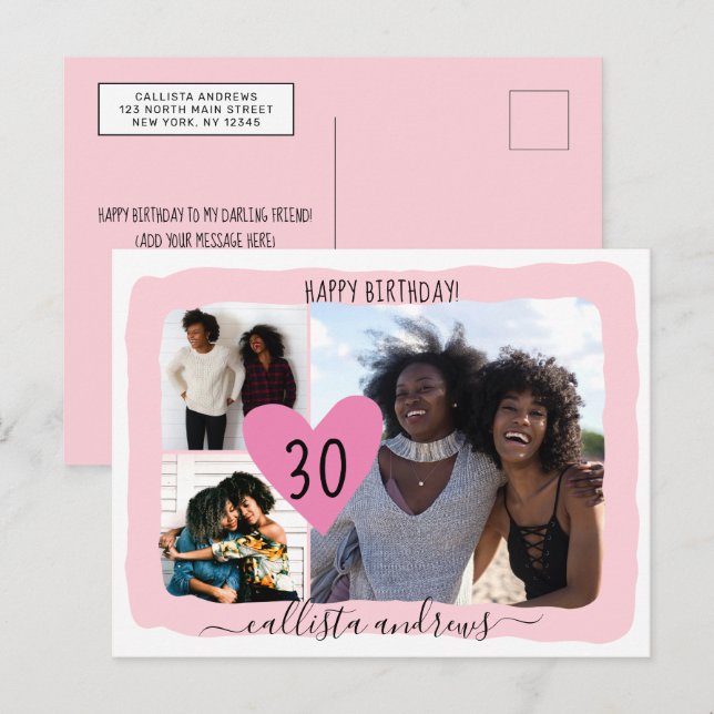 Girly Pink White Four Photo Collage Happy Birthday Holiday Postcard (Front/Back)