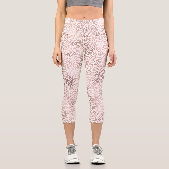 Girly Pink White Glam Leopard Print Capri Leggings (Front)