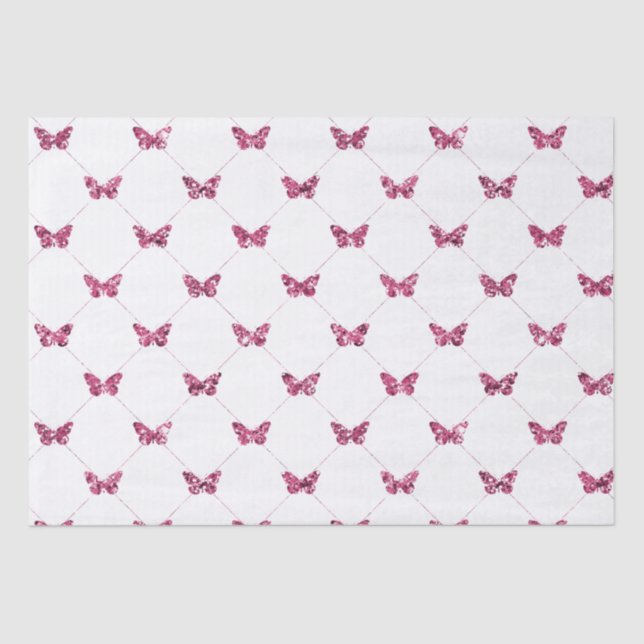 Girly Pink White Glitter Butterflies Tissue Paper (Front)