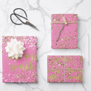 Girly Pink White Gold Confetti Sparkle Wrapping Paper Sheet