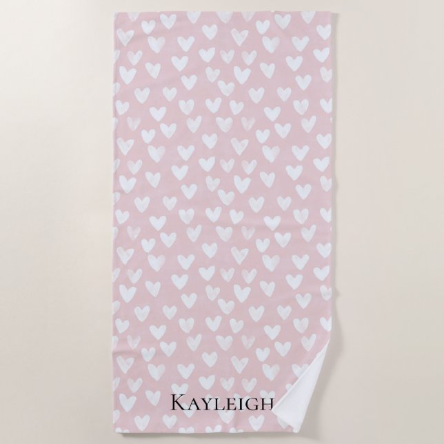 Girly Pink White Hearts Beach Towel (Front)