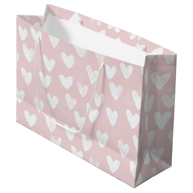 Girly Pink White Hearts Birthday Large Gift Bag (Front Angled)