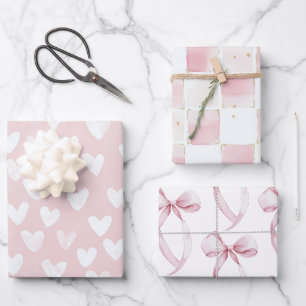 Girly Pink White Hearts Birthday Wrapping Paper Sheet