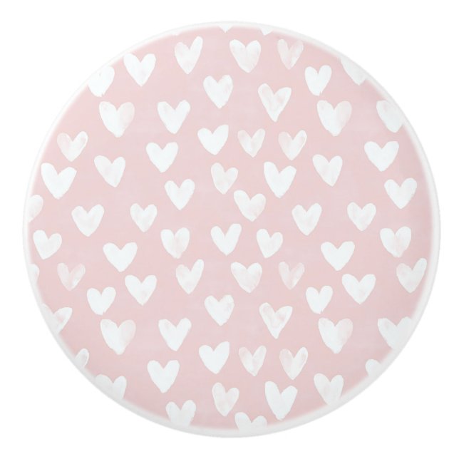 Girly pink white hearts ceramic knob (Front)