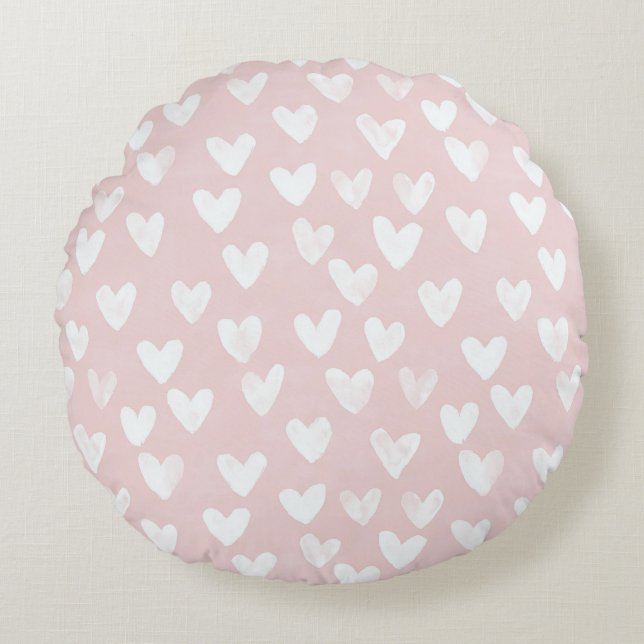 Girly Pink White Hearts Round Cushion (Front)