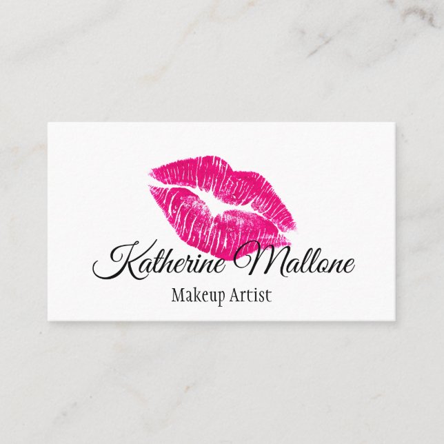 Girly Pink & White Kiss Lips Makeup Artist Business Card (Front)