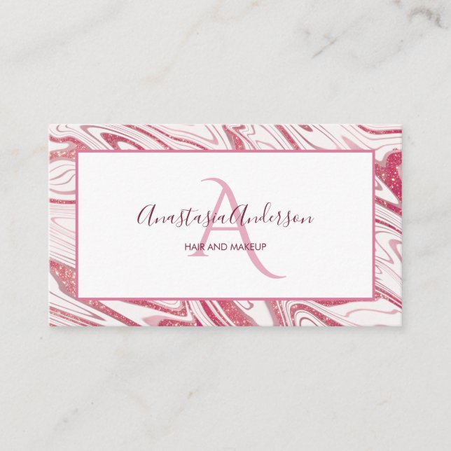 Girly Pink White Marble Glitter Elegant Monogram Business Card (Front)