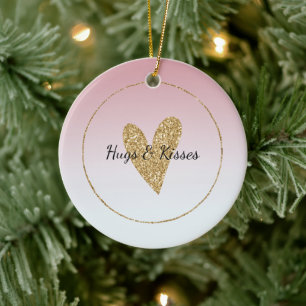 Girly Pink White Ombre Gold Glitter Heart Ceramic Tree Decoration