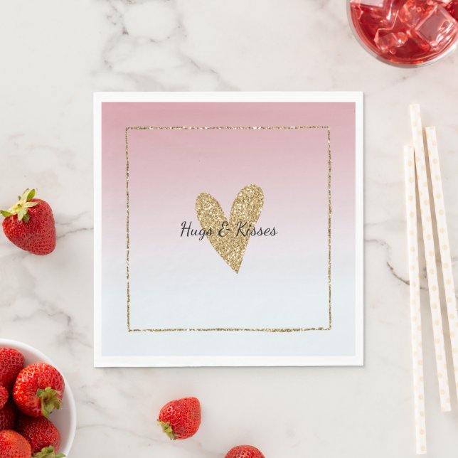 Girly Pink White Ombre Gold Glitter Heart Napkin (Insitu)