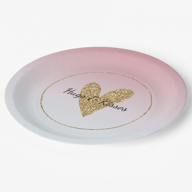Girly Pink White Ombre Gold Glitter Heart Paper Plate (Angled)
