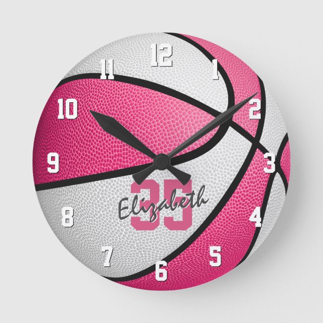 girly pink white personalised basketball round clock (Front)
