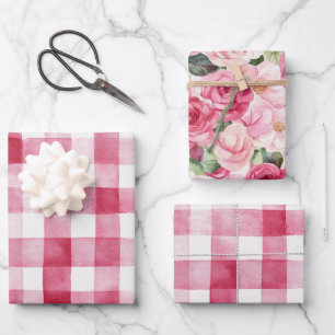 Girly Pink White Plaid Stripes Bridal Shower Wrapping Paper Sheet