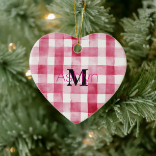 Girly Pink White Plaid Stripes Monogram Christmas Ceramic Tree Decoration