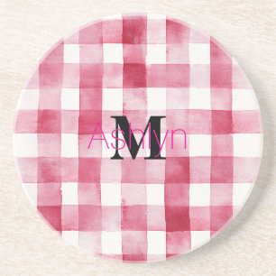 Girly Pink White Plaid Stripes Monogram Coaster