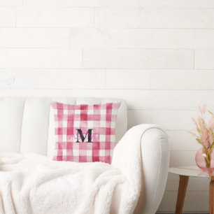 Girly Pink White Plaid Stripes Monogram Cushion