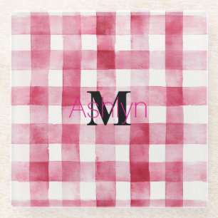 Girly Pink White Plaid Stripes Monogram Glass Coaster