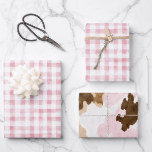 Girly Pink White Plaid Stripes Western Birthday Wrapping Paper Sheet