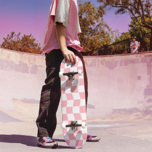 Girly Pink White Retro Chequered Pattern Skateboard