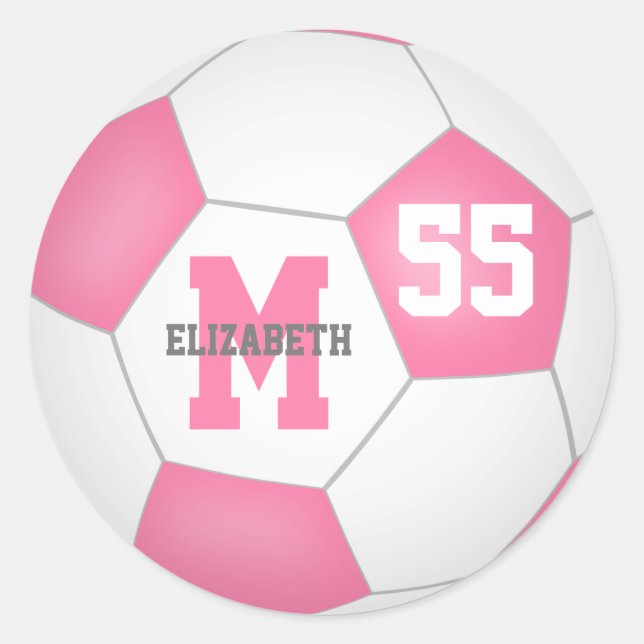 girly pink white soccer ball personalised classic round sticker (Front)