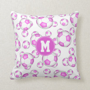 girly pink white soccer balls pattern monogrammed cushion