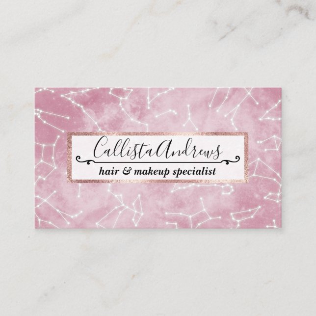 Girly Pink White Star Zodiac Constellations Nebula Business Card (Front)